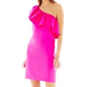 PEARL GEORGINA CHAPMAN x MARCHESA | One Shoulder Hot Pink Ruffle Dress | Size 14